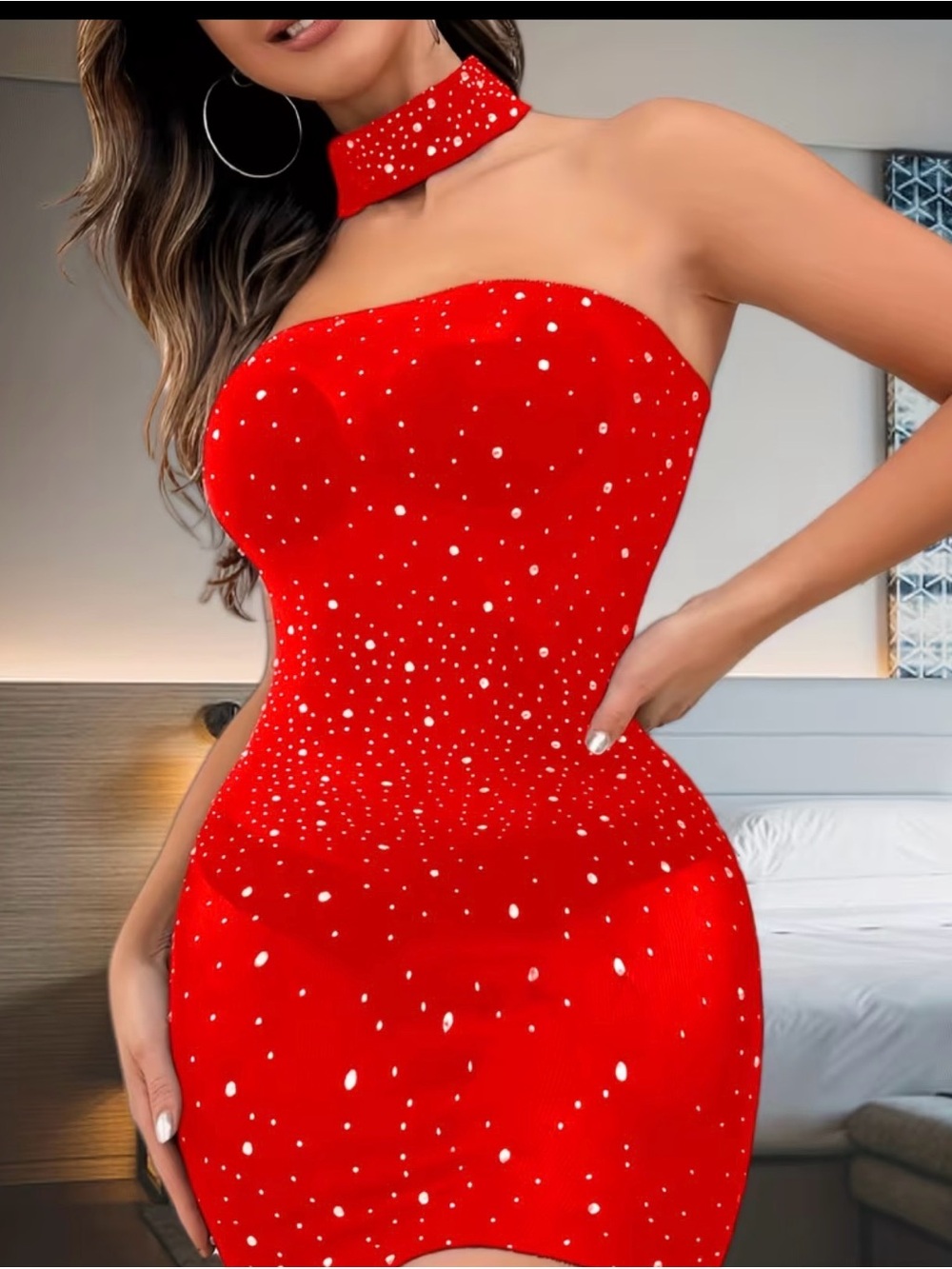Red Strapless Rhinestone Bodycon Dress with Choker